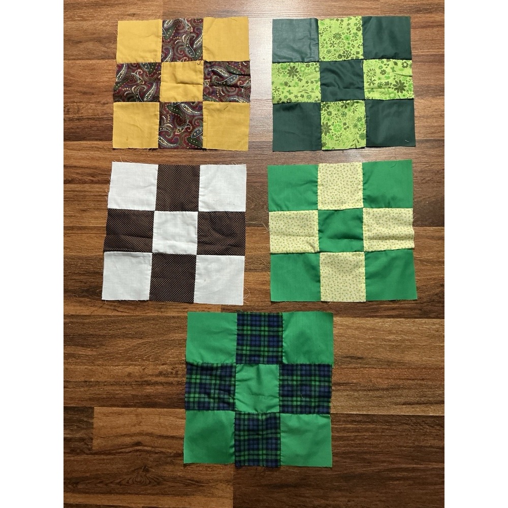 Set Of 5 Handstitched Patchwork Colorful Quilt Blocks 12"x 12"